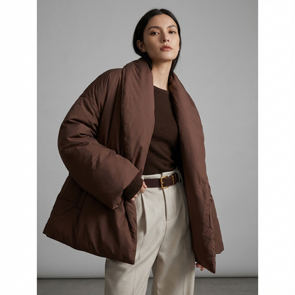 Mira Women's Puffer Jacket | Kimono Shawl Collar, Tie Belt Wrap