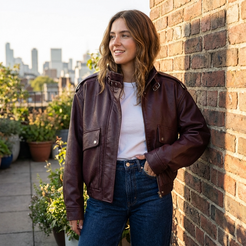 Isle Isla Women’s Stand Collar Leather Jacket | Cropped Length, Utility Pockets