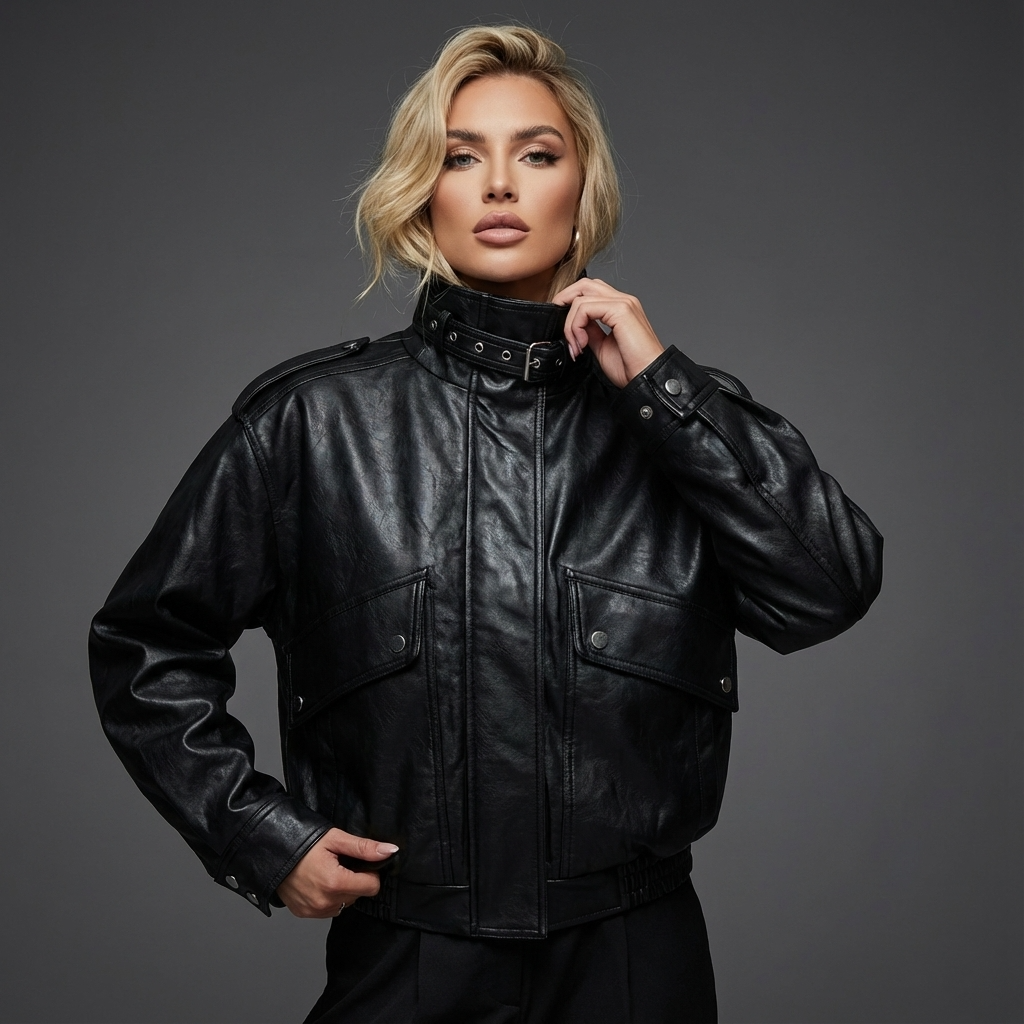 Isle Isla Women’s Stand Collar Leather Jacket | Cropped Length, Utility Pockets