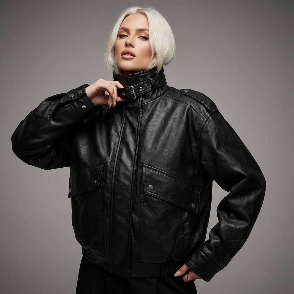 Isle Isla Women’s Stand Collar Leather Jacket | Cropped Length, Utility Pockets