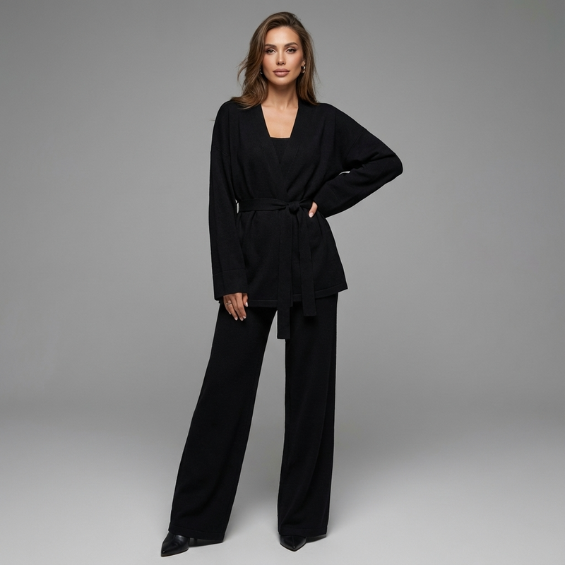 Ariana Women’s Knit Set | Belted Cardigan, Wide-Leg Pants