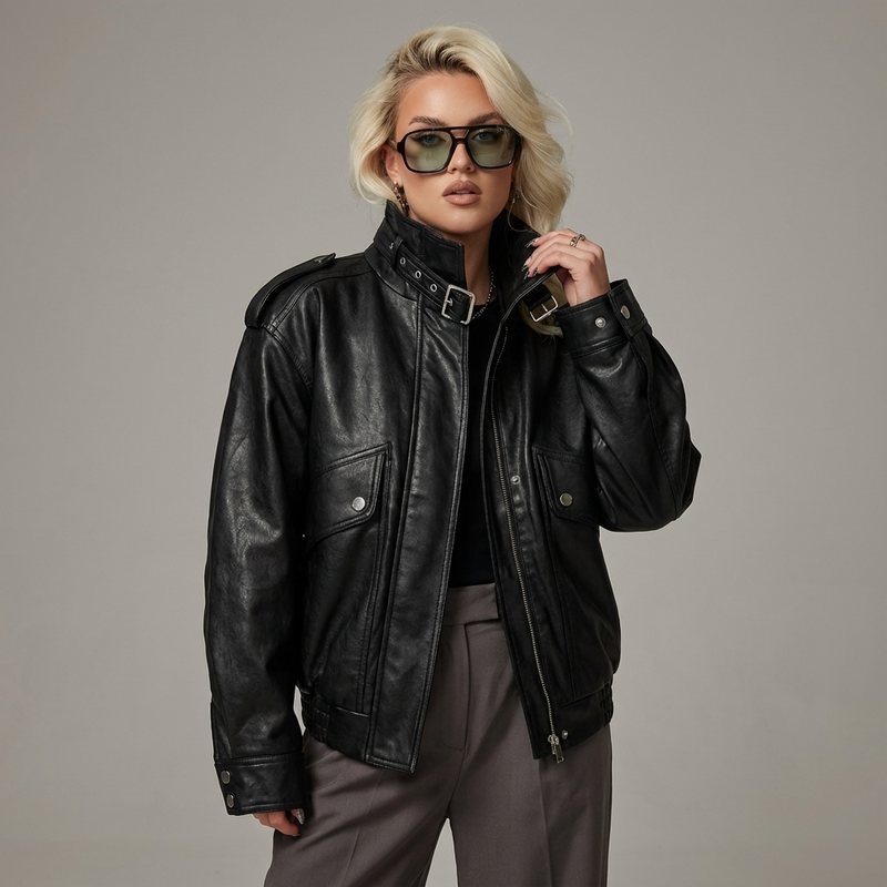 Isle Isla Women’s Stand Collar Leather Jacket | Cropped Length, Utility Pockets