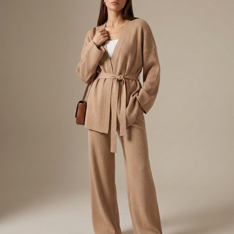 Ariana Women’s Knit Set | Belted Cardigan, Wide-Leg Pants