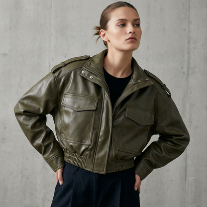 Amara Women’s Faux Leather Jacket | Stand Collar, Utility Pockets