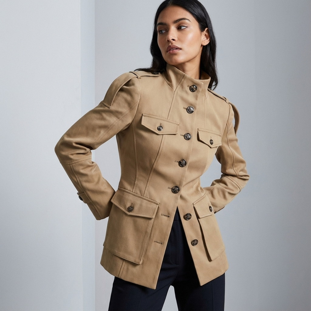 Chaqueta Trench Ajustada para Mujeres Aurelia | Cuello Alto, Bolsillos Utilitarios