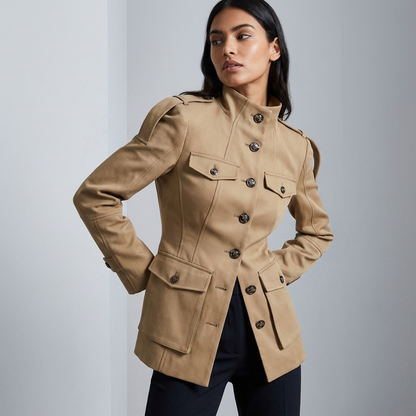 Chaqueta Trench Ajustada para Mujeres Aurelia | Cuello Alto, Bolsillos Utilitarios