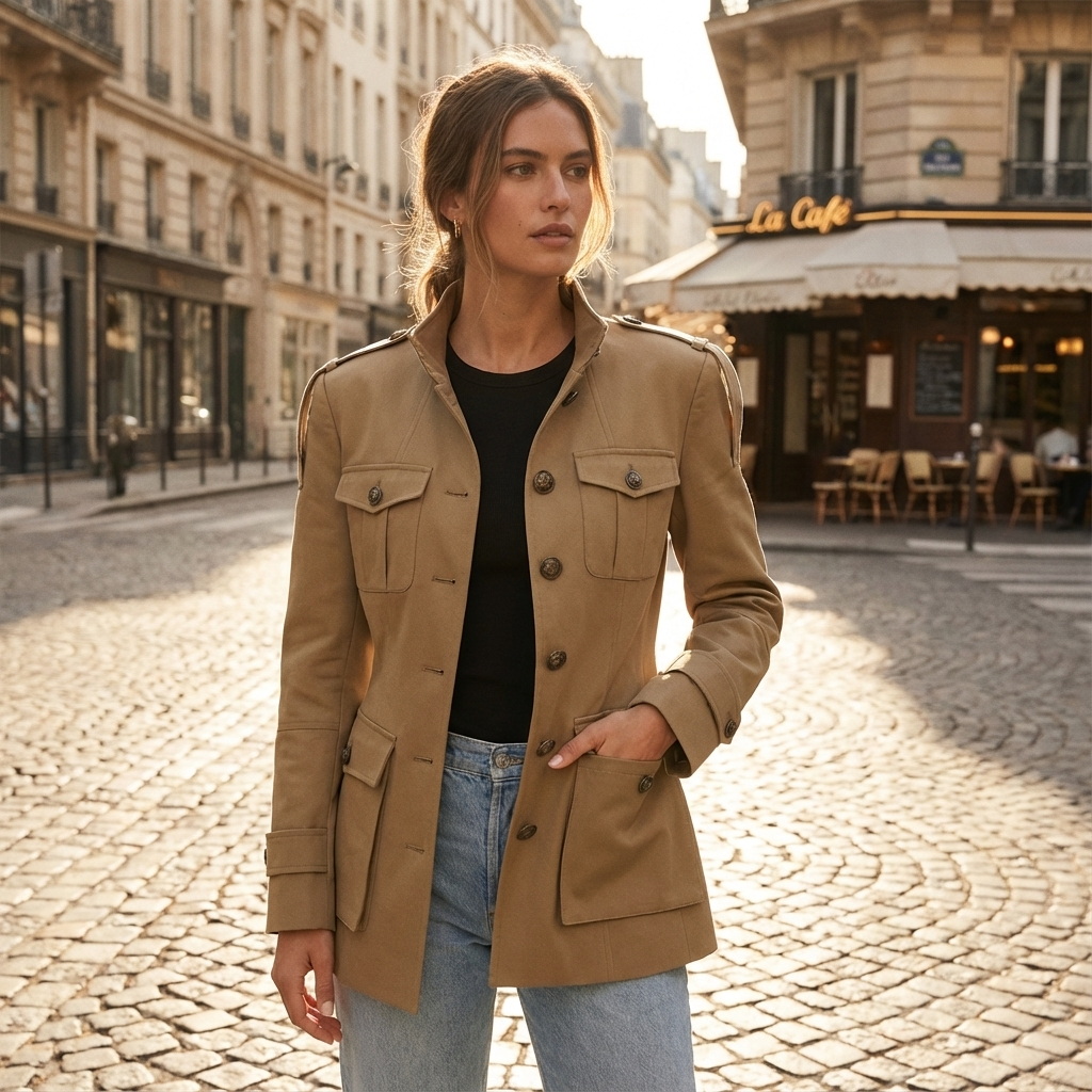 Chaqueta Trench Ajustada para Mujeres Aurelia | Cuello Alto, Bolsillos Utilitarios