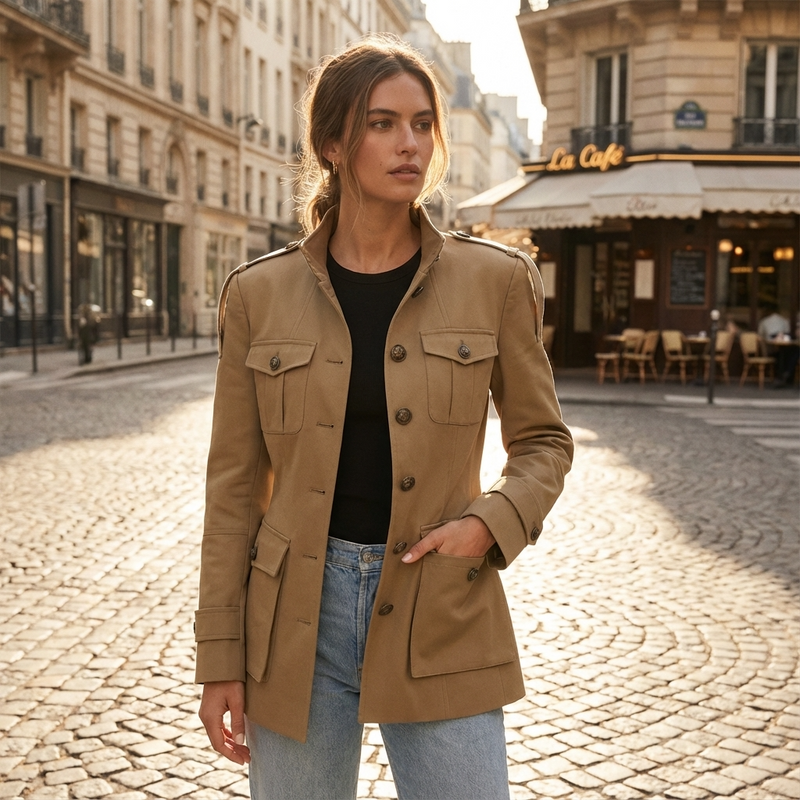 Chaqueta Trench Ajustada para Mujeres Aurelia | Cuello Alto, Bolsillos Utilitarios