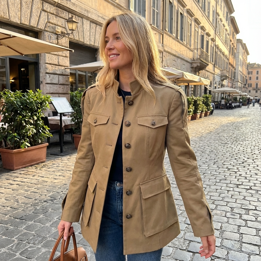 Chaqueta Trench Ajustada para Mujeres Aurelia | Cuello Alto, Bolsillos Utilitarios