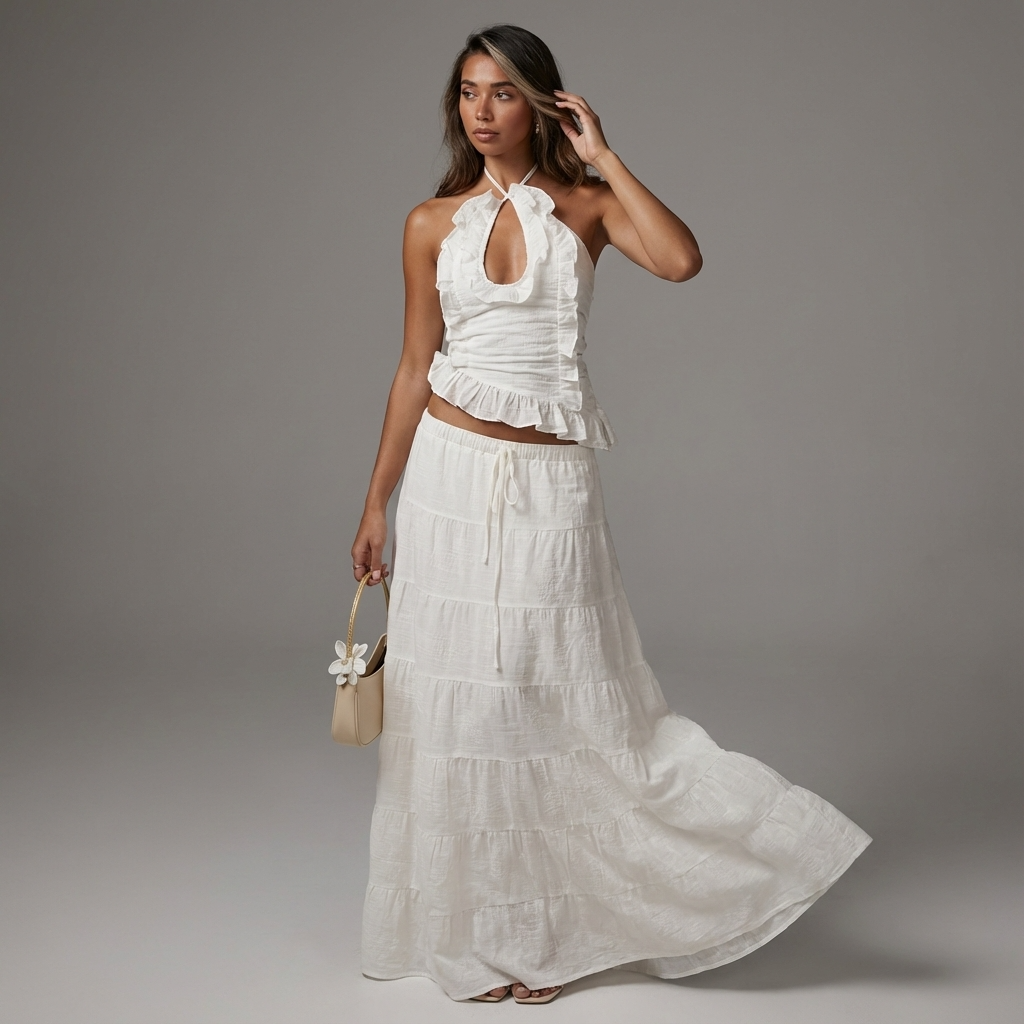 Elara Women’s Two-Piece Skirt Set | Halter Neck, Ruffle Trim