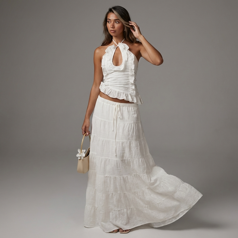 Elara Women’s Two-Piece Skirt Set | Halter Neck, Ruffle Trim