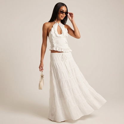 Elara Women’s Two-Piece Skirt Set | Halter Neck, Ruffle Trim