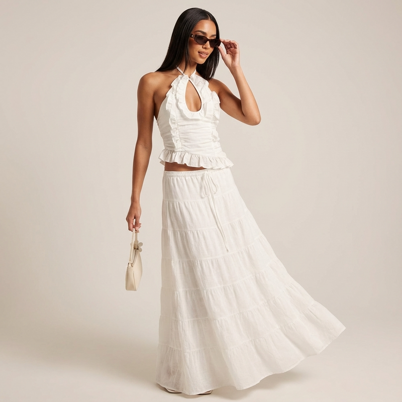 Elara Women’s Two-Piece Skirt Set | Halter Neck, Ruffle Trim