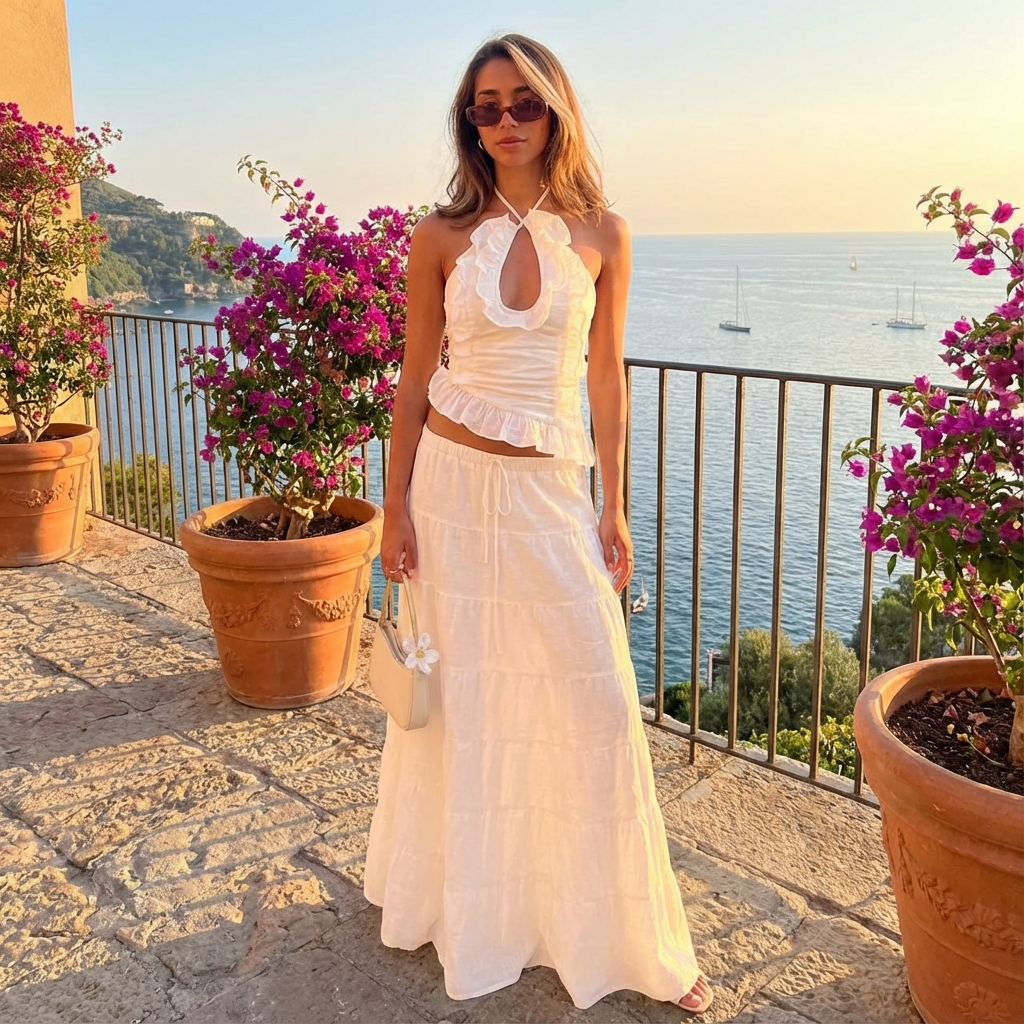 Elara Women’s Two-Piece Skirt Set | Halter Neck, Ruffle Trim