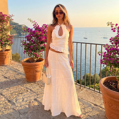 Elara Women’s Two-Piece Skirt Set | Halter Neck, Ruffle Trim