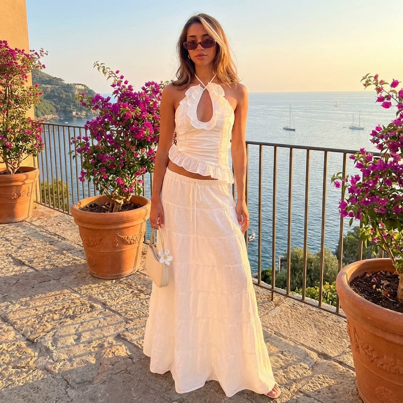 Elara Women’s Two-Piece Skirt Set | Halter Neck, Ruffle Trim