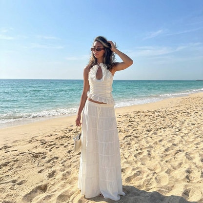 Elara Women’s Two-Piece Skirt Set | Halter Neck, Ruffle Trim