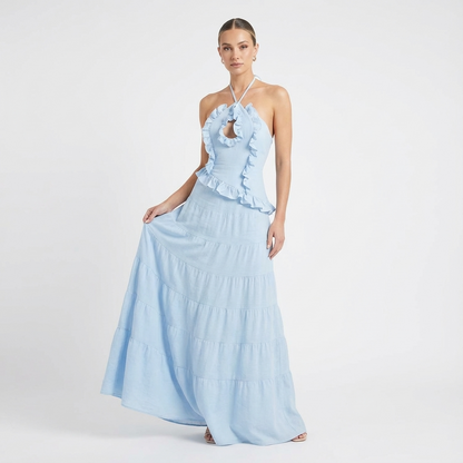 Elara Women’s Two-Piece Skirt Set | Halter Neck, Ruffle Trim