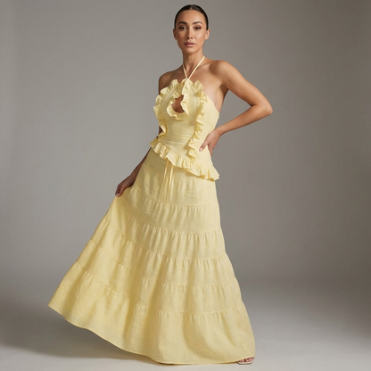 Elara Women’s Two-Piece Skirt Set | Halter Neck, Ruffle Trim