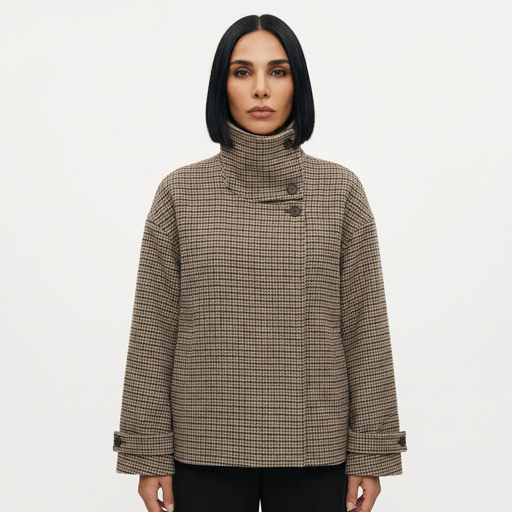 Tina Women's Checkered Trench Coat | Polyester, Double-Breasted, Turtleneck