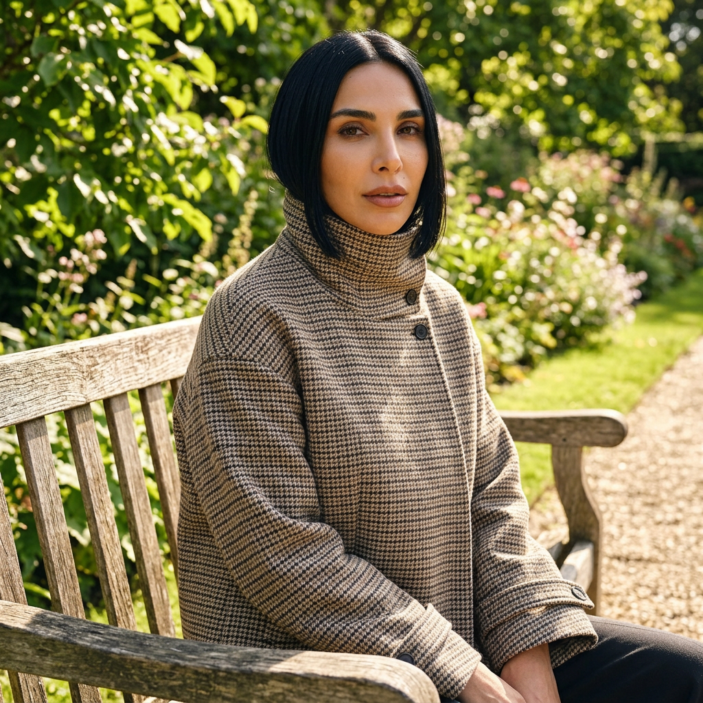 Tina Women's Checkered Trench Coat | Polyester, Double-Breasted, Turtleneck