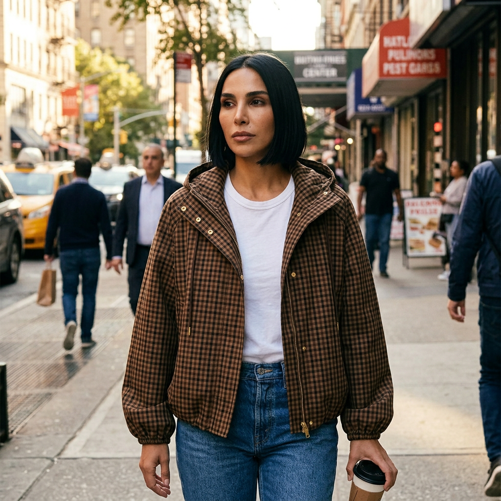 Tina Women's Checkered Trench Coat | Polyester, Double-Breasted, Turtleneck