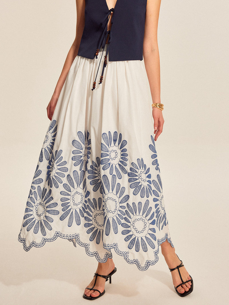 Delphine Women's Skirt | Scalloped, Embroidered, Maxi
