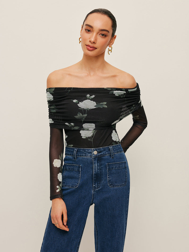 Winona Women's Floral Top | Slim Fit, Mesh, Off-shoulder