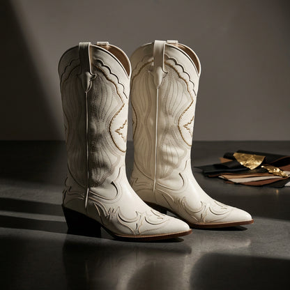 Vera Women's Cowgirl Boots | Embroidered Design, Thick Heel, Black