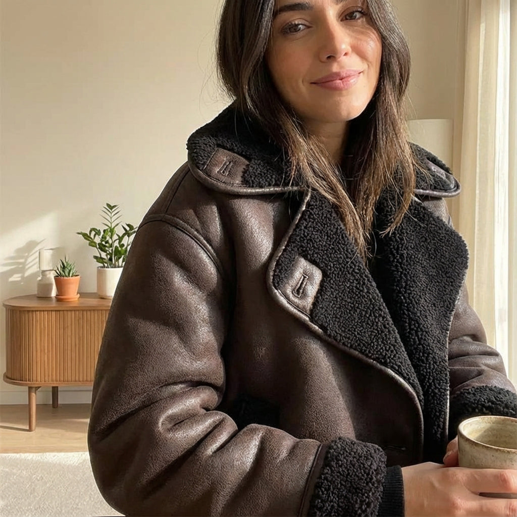 Veste aviateur pour femme Harlow | Fausse peau lainée vieillie, col sherpa