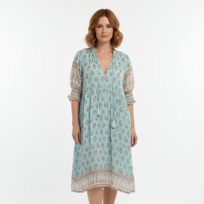 Vestido Maxi para Mujer Nona | Escote en V A-Line, Mezcla de Algodón y Poliéster Ligera