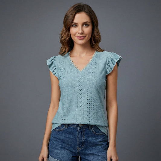 Arden Women's Blouse | Eyelet Design with Ruffle Sleeves, Lightweight Summer Top