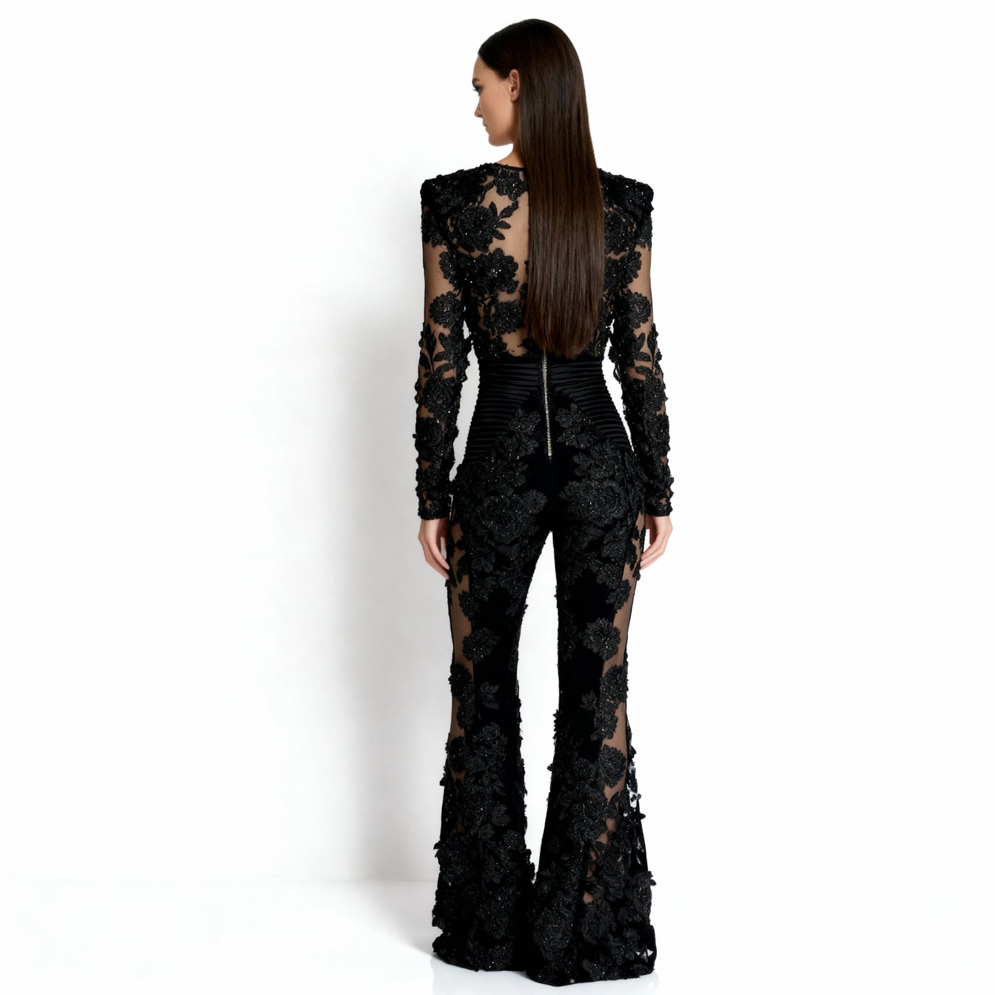 Pine Women's Jumpsuit | Floral Lace with Sheer Back, Elegant Flared Legs