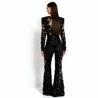 Pine Women's Jumpsuit | Floral Lace with Sheer Back, Elegant Flared Legs