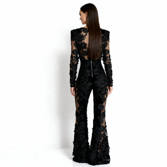 Pine Women's Jumpsuit | Floral Lace with Sheer Back, Elegant Flared Legs