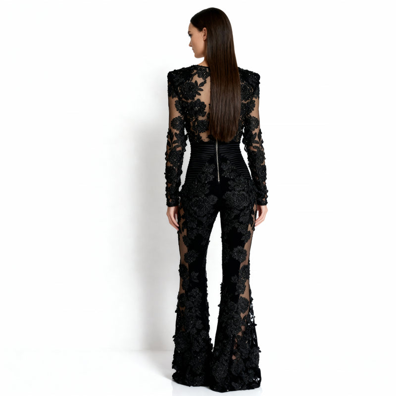 Pine Women's Jumpsuit | Floral Lace with Sheer Back, Elegant Flared Legs