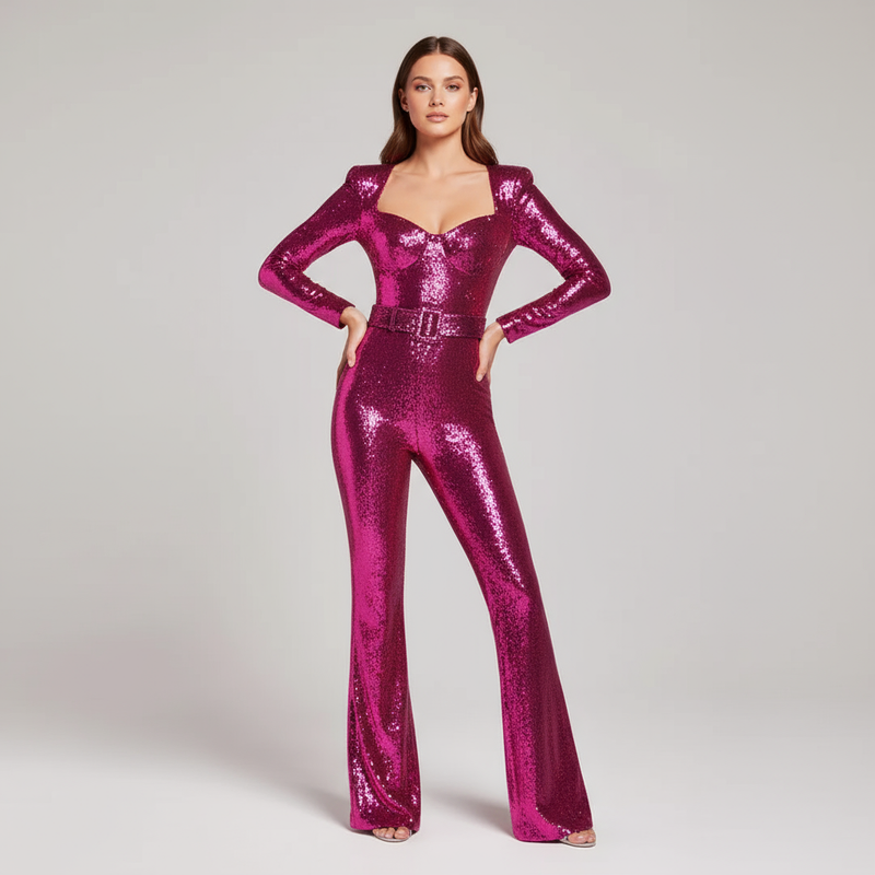 Mara Women's Sequin Jumpsuit | Elegant Design, Fitted with Flared Trousers