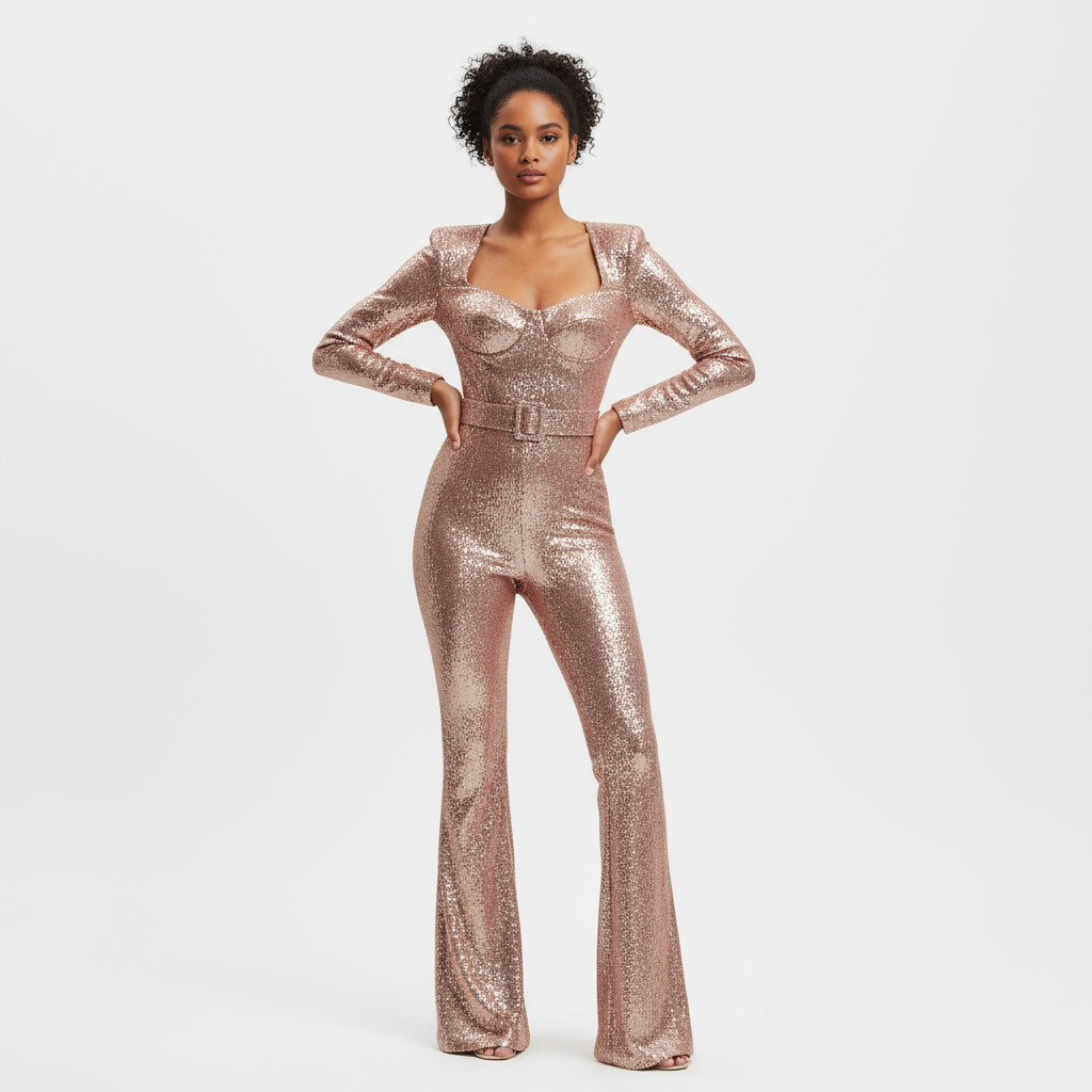 Mara Women's Sequin Jumpsuit | Elegant Design, Fitted with Flared Trousers