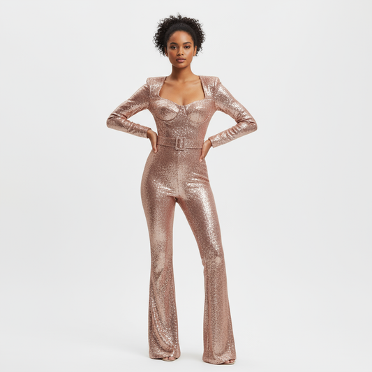 Mara Women's Sequin Jumpsuit | Elegant Design, Fitted with Flared Trousers