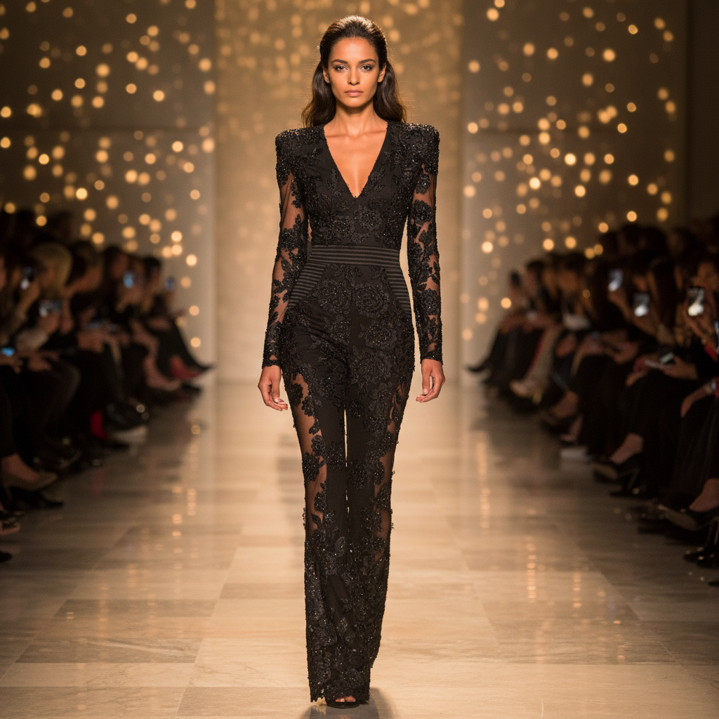 Pine Women's Jumpsuit | Floral Lace with Sheer Back, Elegant Flared Legs