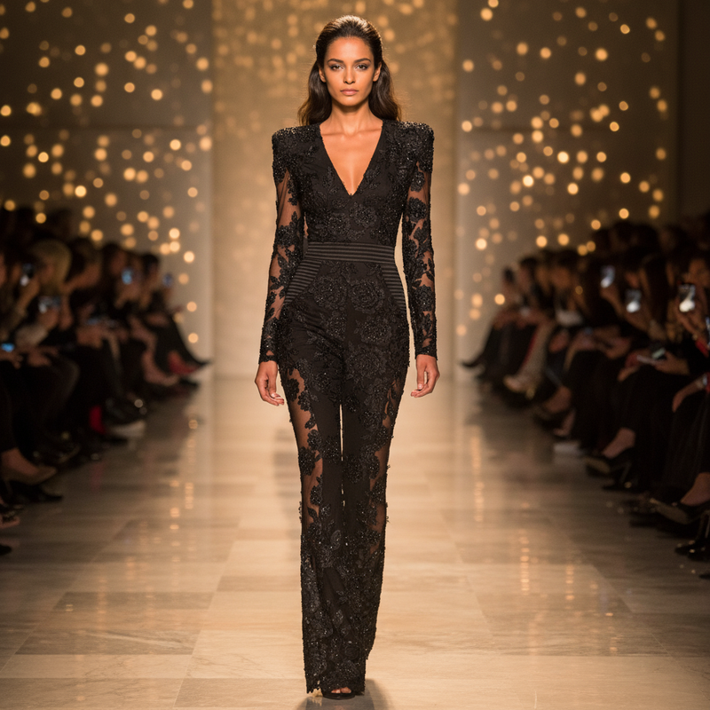 Pine Women's Jumpsuit | Floral Lace with Sheer Back, Elegant Flared Legs