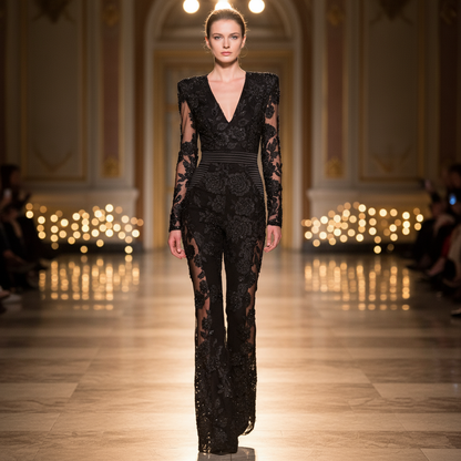 Pine Women's Jumpsuit | Floral Lace with Sheer Back, Elegant Flared Legs