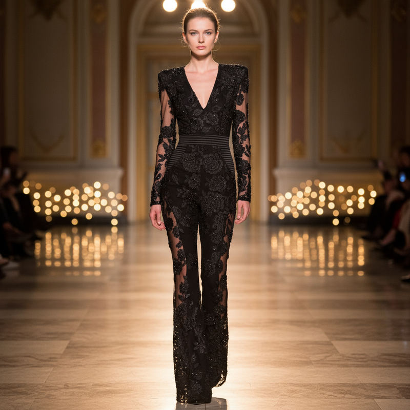 Pine Women's Jumpsuit | Floral Lace with Sheer Back, Elegant Flared Legs