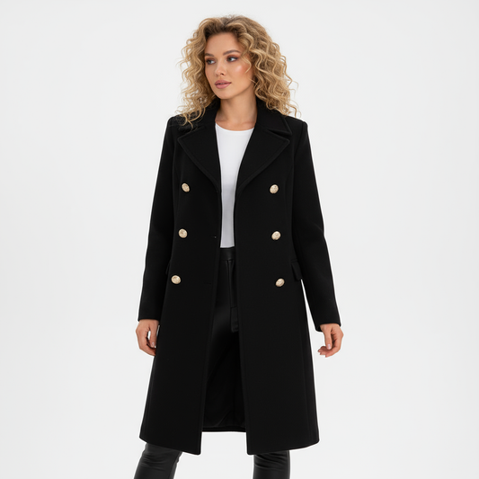 Abrigo Trench Renee para Mujer | Doble Botonadura con Botones Dorados, Diseño Elegante de Largo