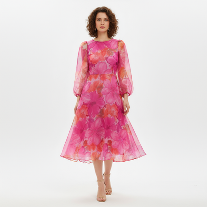 Gina Women's Midi Dress | Floral Print with Sheer Puff Sleeves