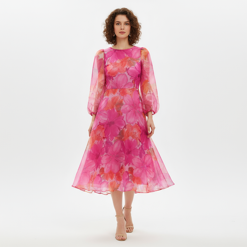 Grace Women's Midi Dress | Floral Print, Sheer Puff Sleeves