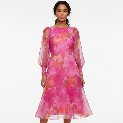Gina Women's Midi Dress | Floral Print with Sheer Puff Sleeves