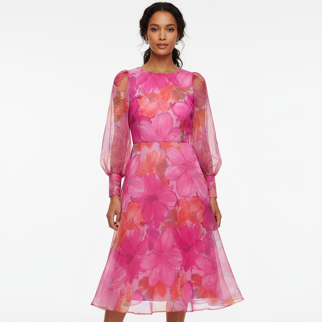 Grace Women's Midi Dress | Floral Print, Sheer Puff Sleeves