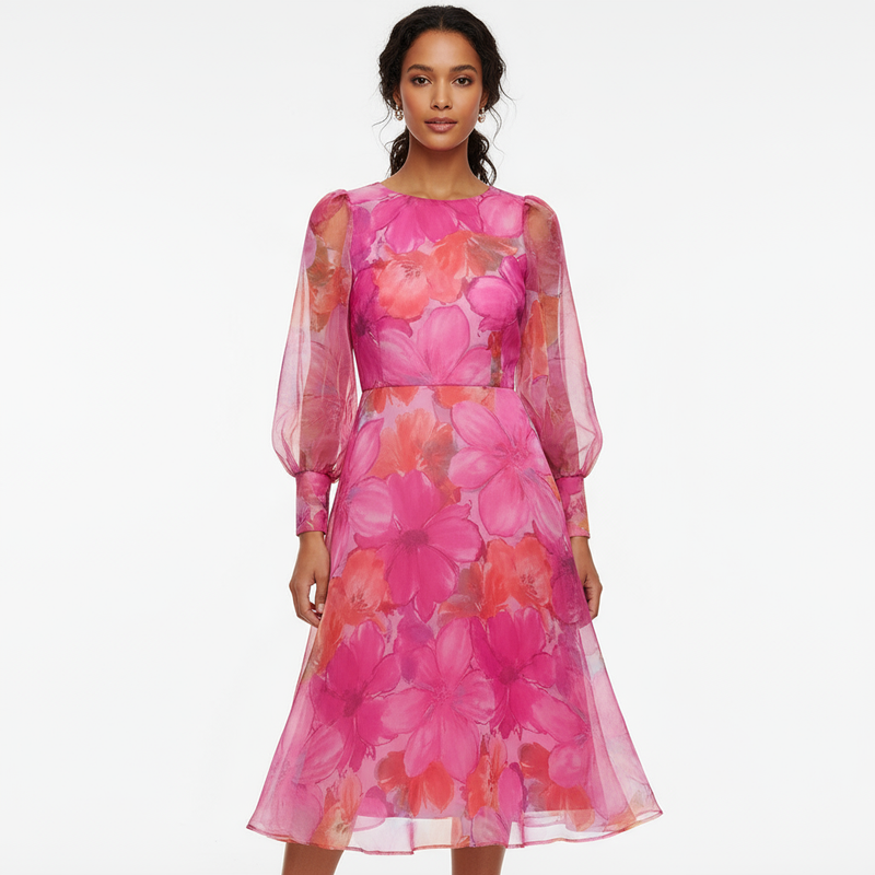 Grace Women's Midi Dress | Floral Print, Sheer Puff Sleeves