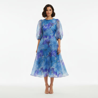 Gina Women's Midi Dress | Floral Print with Sheer Puff Sleeves